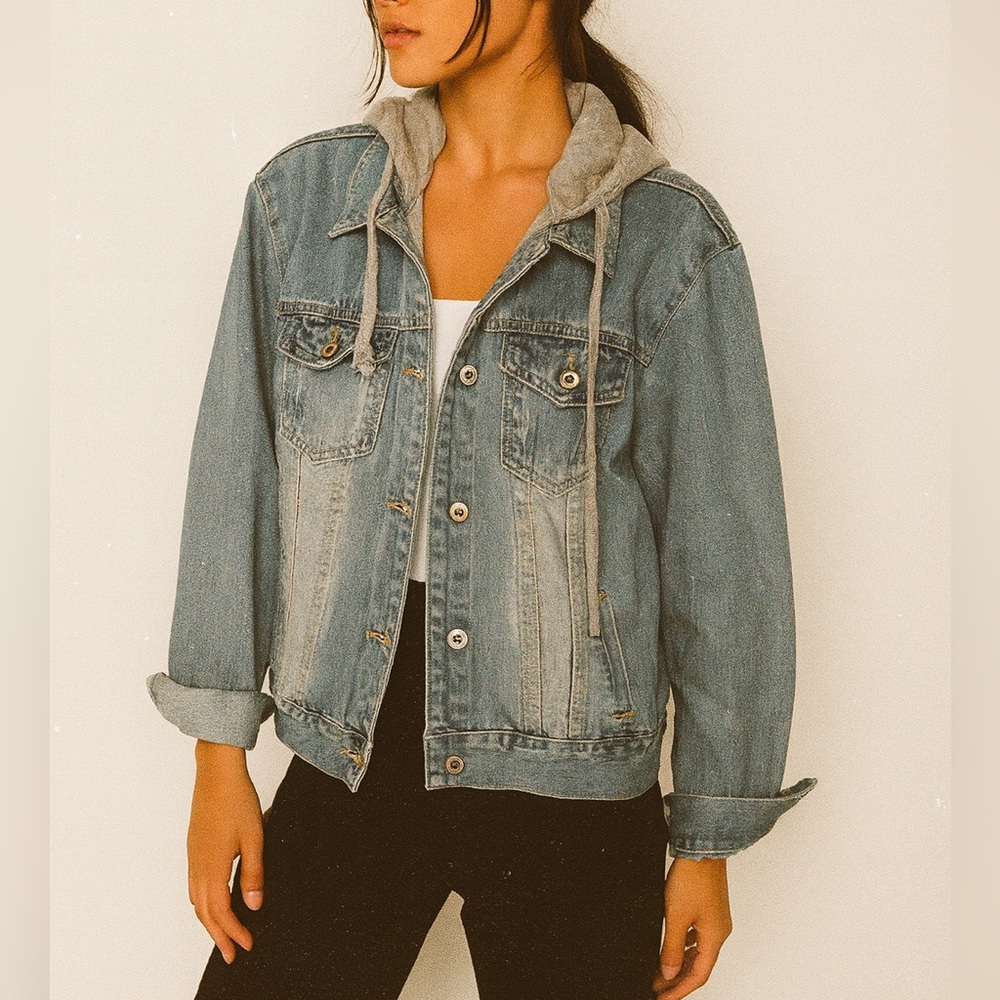 Grunge Hooded Jean Jacket Button Front L